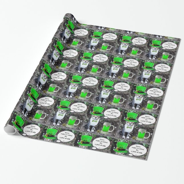 ST PATRICK'S  DAY CAT  WITH GREEN IRISH BEER WRAPPING PAPER (Unrolled)