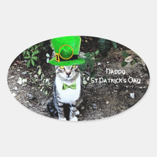 ST PATRICKS  DAY CAT  WITH LEPRECHAUN HAT OVAL STICKER