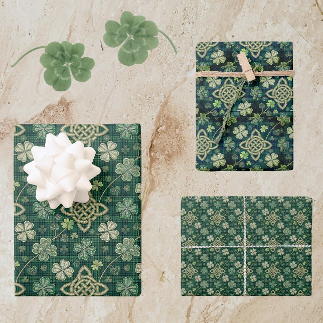 St Patrick's Day Celtic Knot 4 Leaf Clover Plaid Wrapping Paper Sheets (Creator Uploaded)