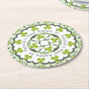 St. Patrick's Day Celtic Shamrock Clover Pattern Round Paper Coaster