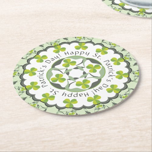 St Patricks Day Celtic Shamrock Clover Pattern Round Paper Coaster