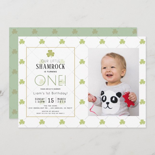 St. Patrick's Day Clean Green Photo1st Birthday Invitation (Front/Back)
