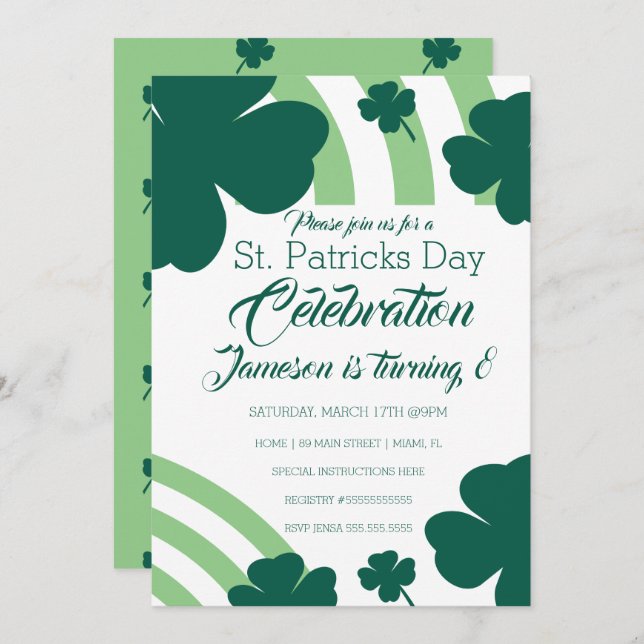 St. Patricks Day Clebration Shamrock Green Rainbow Invitation (Front/Back)