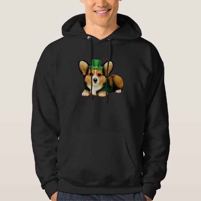 St Patrick's Day Corgi Dog Irish Shamrock Leprecha Hoodie (Front)