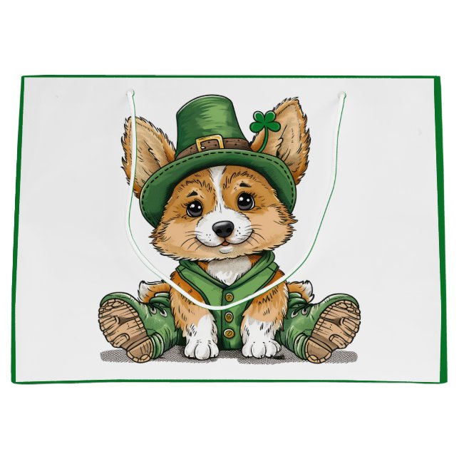 St. Patrick's Day Corgi Dog Large Gift Bag (Front)