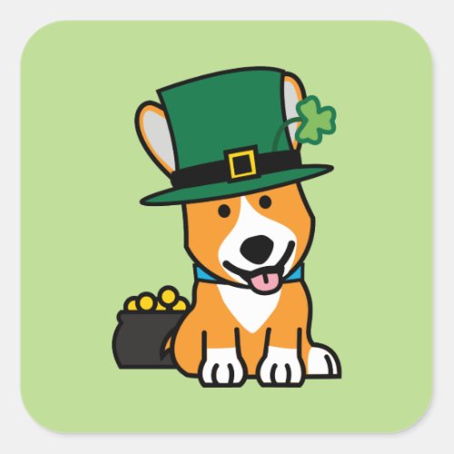 St Patricks Day Corgi Leprechaun Dog Puppy Doggy Square Sticker