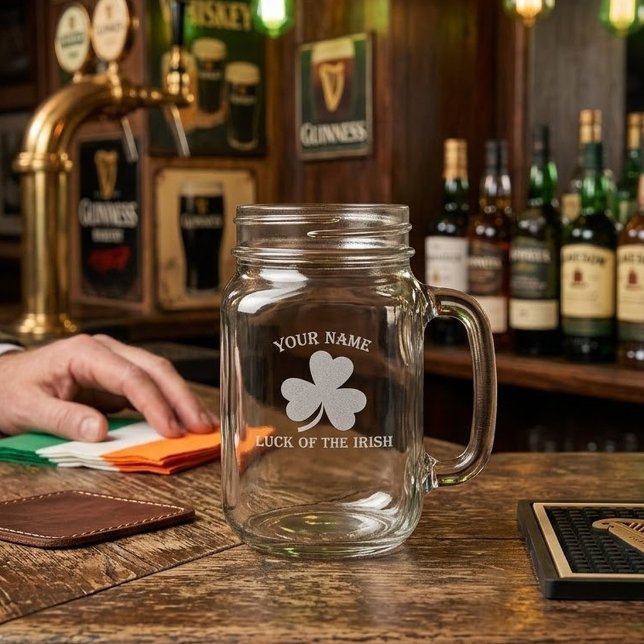 St Patrick's Day Custom Name Shamrock Irish Mason Jar W/ Handle (Creator Uploaded)