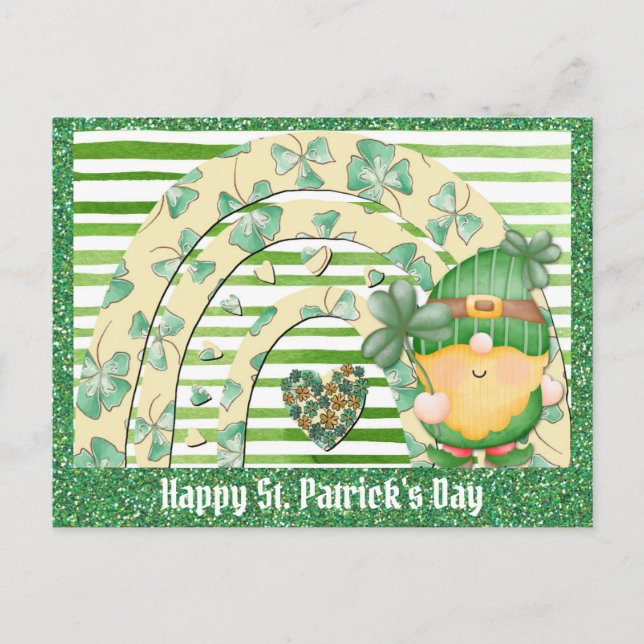 St Patricks Day Cute Gnome Green Shamrock Postcard (Front)