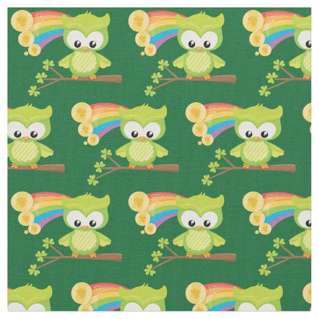St Patricks Day Cute Green Owl Rainbow Irish Fabric (Close Up)