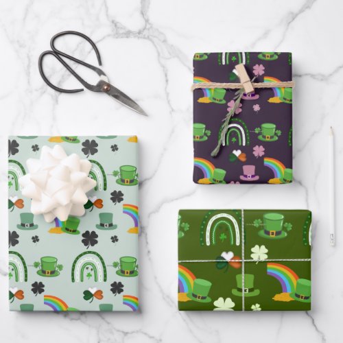 St Patricks Day Cute Hats Shamrocks and rainbow  Wrapping Paper Sheets