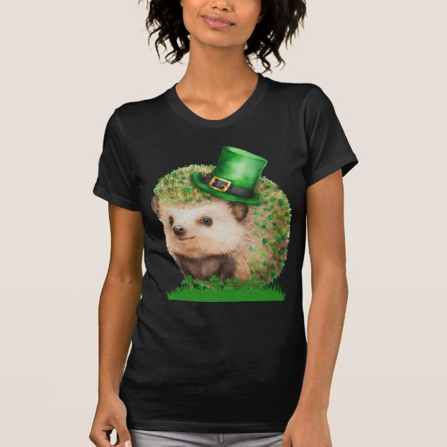 St. Patrick's Day Cute Hedgehog Black T shirt (Front)