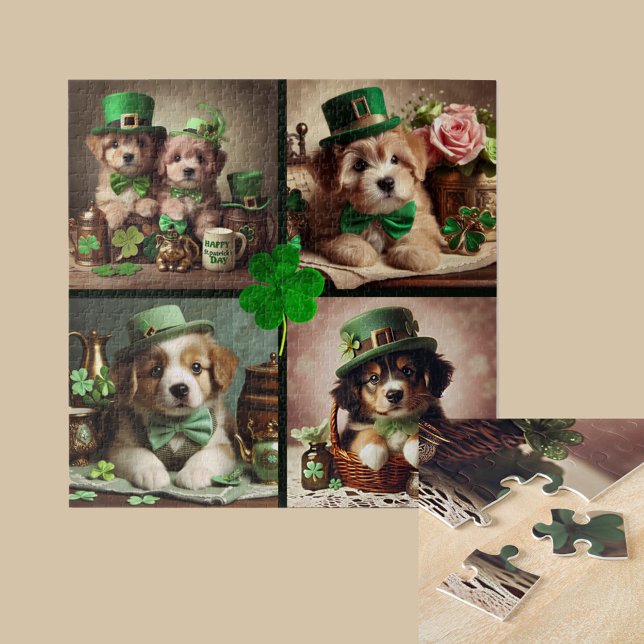 St Patrick's Day Cute Irish Puppies in Green Party Jigsaw Puzzle (St Patrick's Day Cute Irish Puppies Green Party Puzzle
)