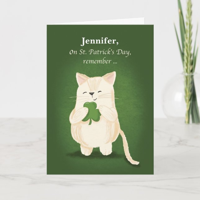 St. Patricks Day Cute Kitten Holding Shamrock Card (Front)