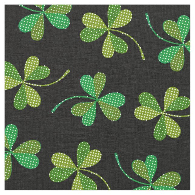 St Patricks Day Cute Shamrock Pattern Green Black Fabric (Close Up)