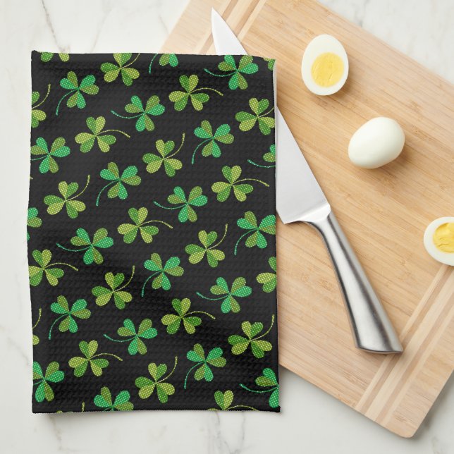St Patricks Day Cute Shamrock Pattern Green Black Kitchen Towel (Quarter Fold)