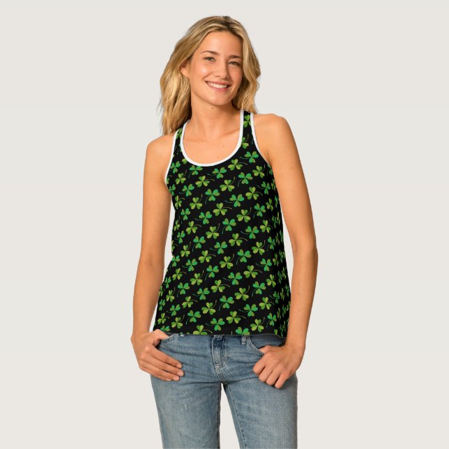 St Patricks Day Cute Shamrock Pattern Green Black Tank Top (Front Full)