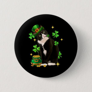 St Patricks Day Cute Tuxedo Cat Shamrock Irish Cat Button