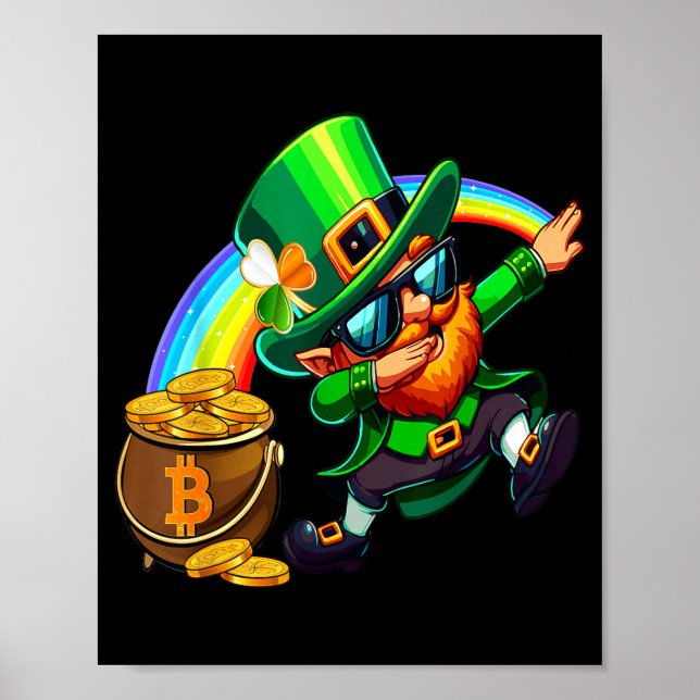 St Patricks Day Dabbing Bitcoin Rainbow Leprechaun Poster (Front)