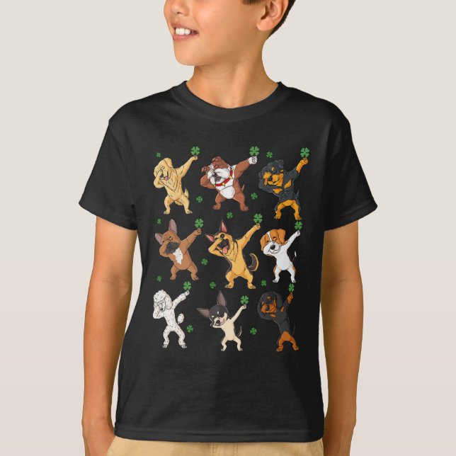 St Patricks Day Dabbing Dogs Holding Clovers Boys  T-Shirt (Front)