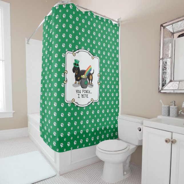 St. Patrick's Day Dachshund (black & tan) dog Shower Curtain (In Situ)