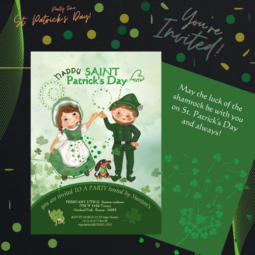 ST PATRICKS DAY Dancing Leprechauns hand drawn Invitation