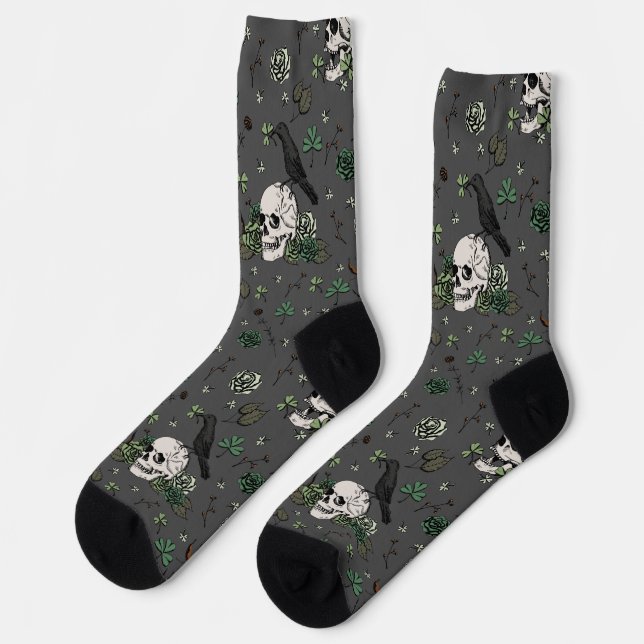 St Patrick's Day Dark Gray & Green Skulls & Roses Socks (Left)