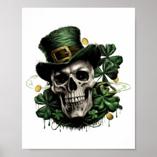 St Patricks Day Dark Irish Skull With Shamrocks T  Poster