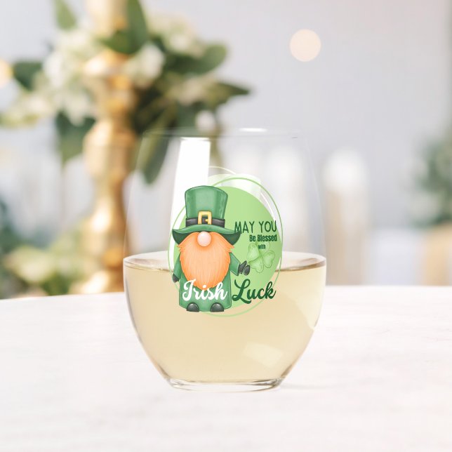 St. Patrick's Day Design Gnome Stemless Wine Glass