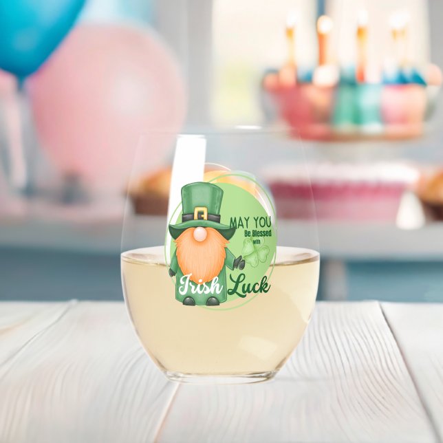 St. Patrick's Day Design Gnome Stemless Wine Glass