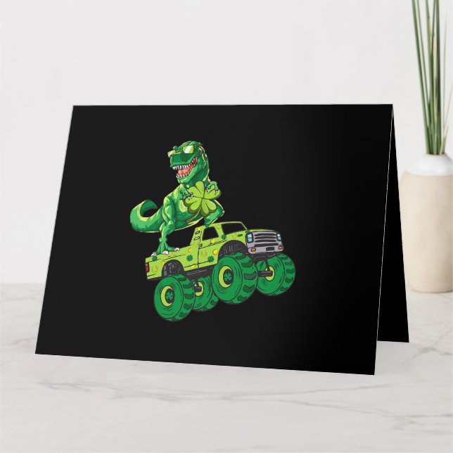 St Patricks Day Dinosaur Monster Truck Shamrock Bo Card (Front)