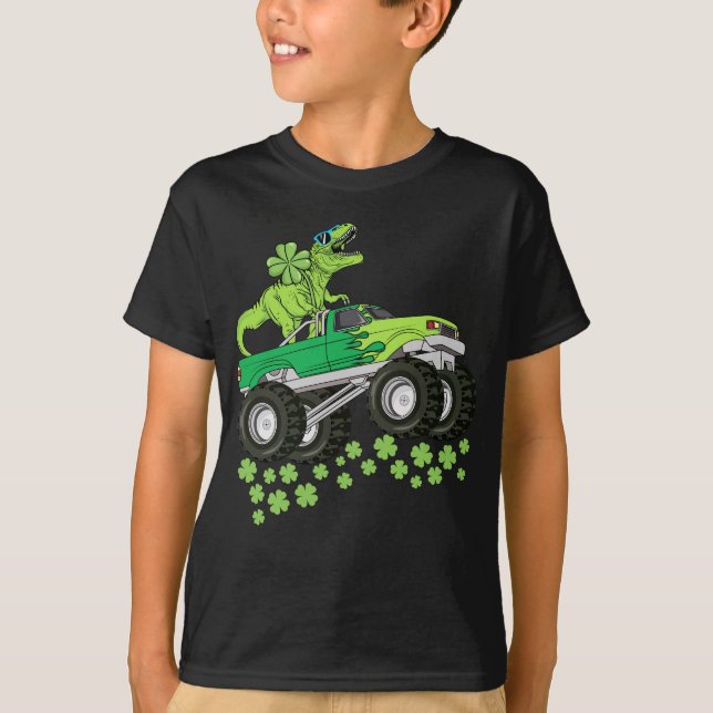 St Patricks Day Dinosaur T Rex Monster Truck Kids T-Shirt (Front)