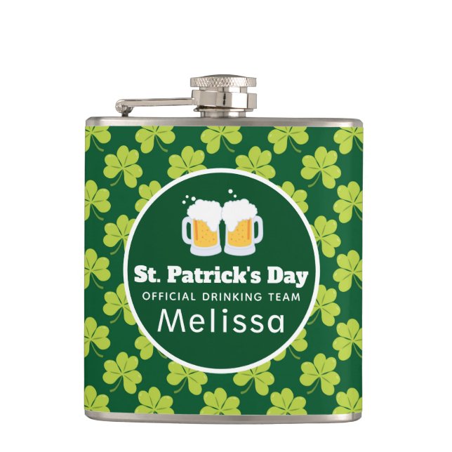 St. Patrick's Day Drinking Team Clover Pattern Flask (Front)