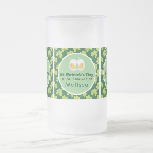 St Patricks Day Drinking Team Clover Pattern Frosted Glass Beer Mug