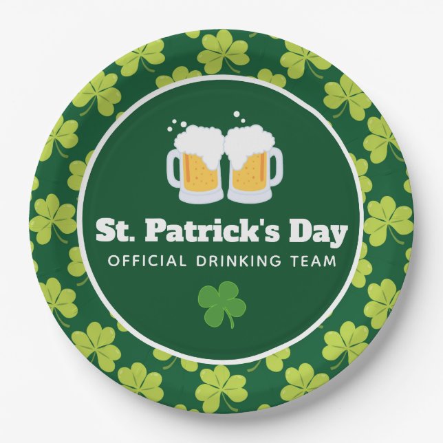 St. Patrick's Day Drinking Team Clover Pattern Paper Plates (Front)