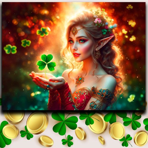St Patricks Day elf girl irish clover fantasy art Framed Art
