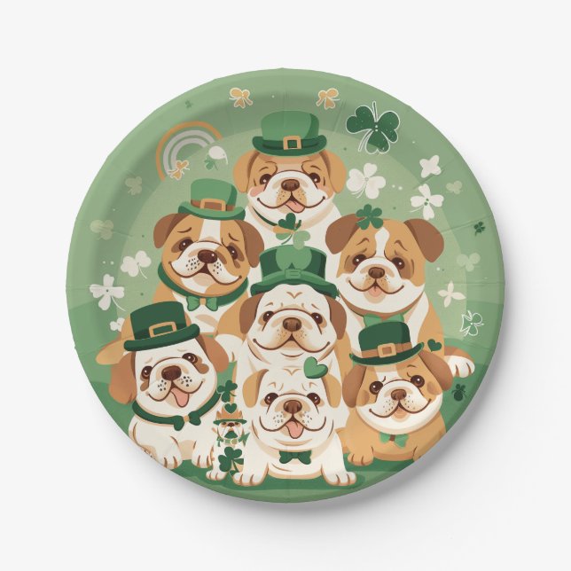 St. Patrick's Day English Bulldogs Paper Plates (Front)