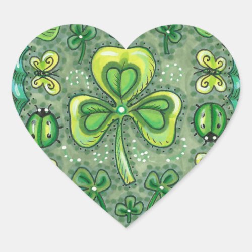 ST. PATRICK'S DAY FOLK ART SHAMROCKS N' LADYBUGS HEART STICKER