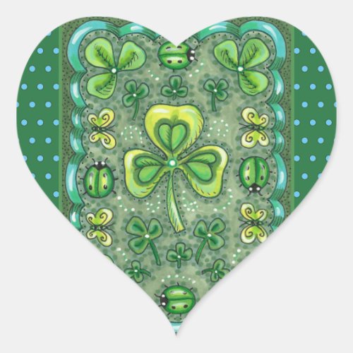 ST PATRICKS DAY FOLK ART SHAMROCKS N LADYBUGS HEART STICKER