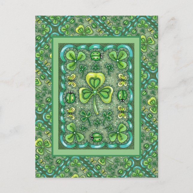 ST. PATRICK'S DAY FOLK ART SHAMROCKS N' LADYBUGS POSTCARD (Front)