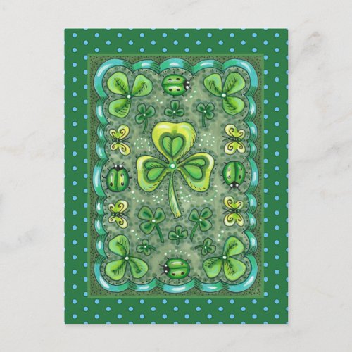 ST PATRICKS DAY FOLK ART SHAMROCKS N LADYBUGS POSTCARD