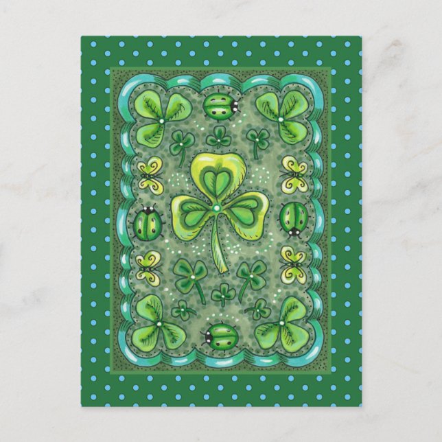 ST. PATRICK'S DAY FOLK ART SHAMROCKS N' LADYBUGS POSTCARD (Front)
