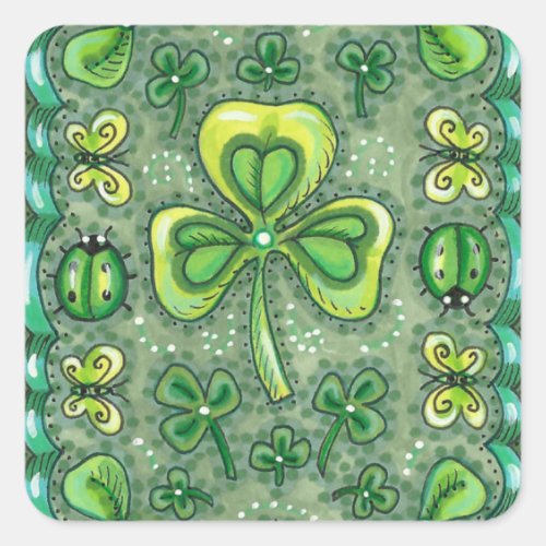 ST. PATRICK'S DAY FOLK ART SHAMROCKS N' LADYBUGS SQUARE STICKER