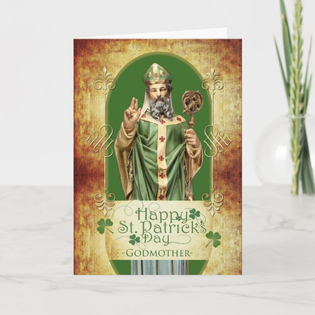 St. Patrick's Day for Godmother with Saint Statue Card (Front)