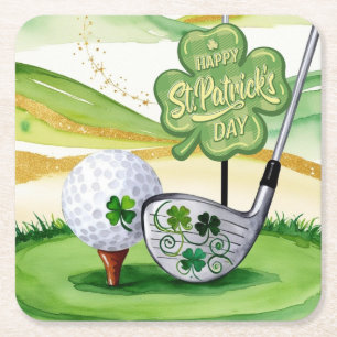 St. Patrick's Day for Golfer with Flag on Green Square Paper Coaster