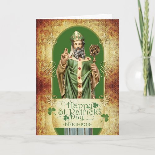 St Patricks Day for Neighbor with Saint Statue Card