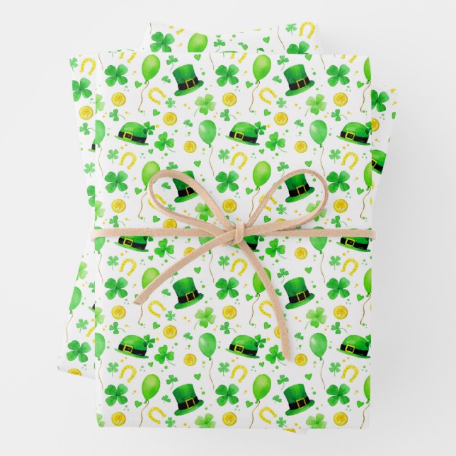 St Patrick's Day Four Leaf Clover Horseshoes Gold  Wrapping Paper Sheets (In situ)