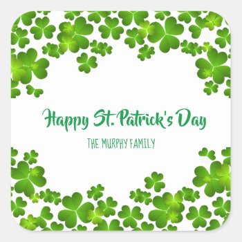 St. Patrick's Day Four Leaf Clover Square Sticker by ThreeFoursDesign at Zazzle