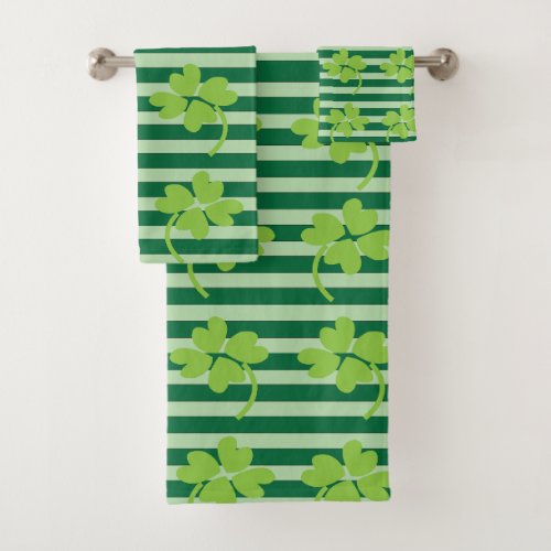 St Patricks Day Four Leaf Clover Stripes Pattern Bath Towel Set