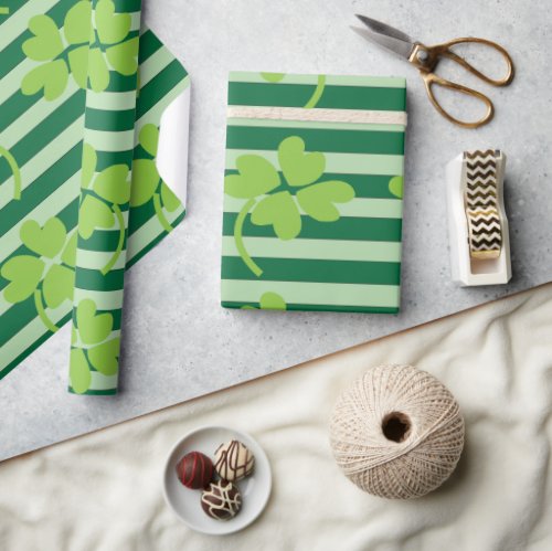 St Patricks Day Four Leaf Clover Stripes Pattern Wrapping Paper