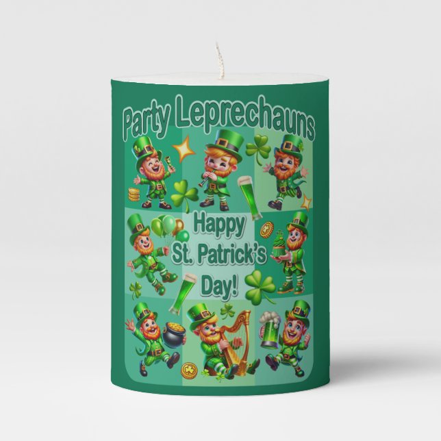 St. Patrick's Day Fun Adorable "Party Leprechauns" Pillar Candle (Front)